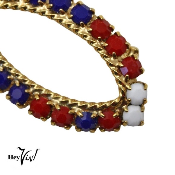 Vintage Red White & Blue Rhinestone Oval Circle Pin Patriotic 1 3/4" - Hey Viv - Picture 2 of 6